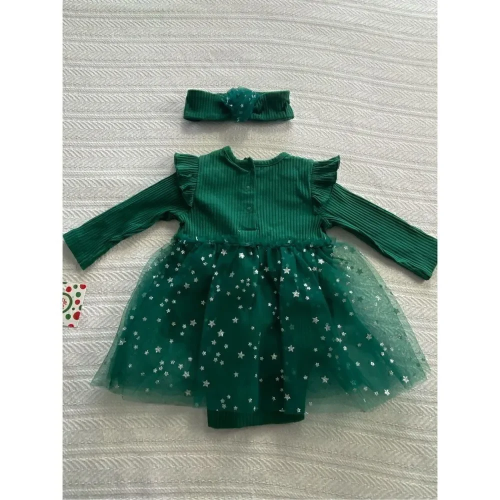 LITTLE ME BABY GIRL 9 MONTH “JOY” GREEN Bodysuit Dress with Matching Headband